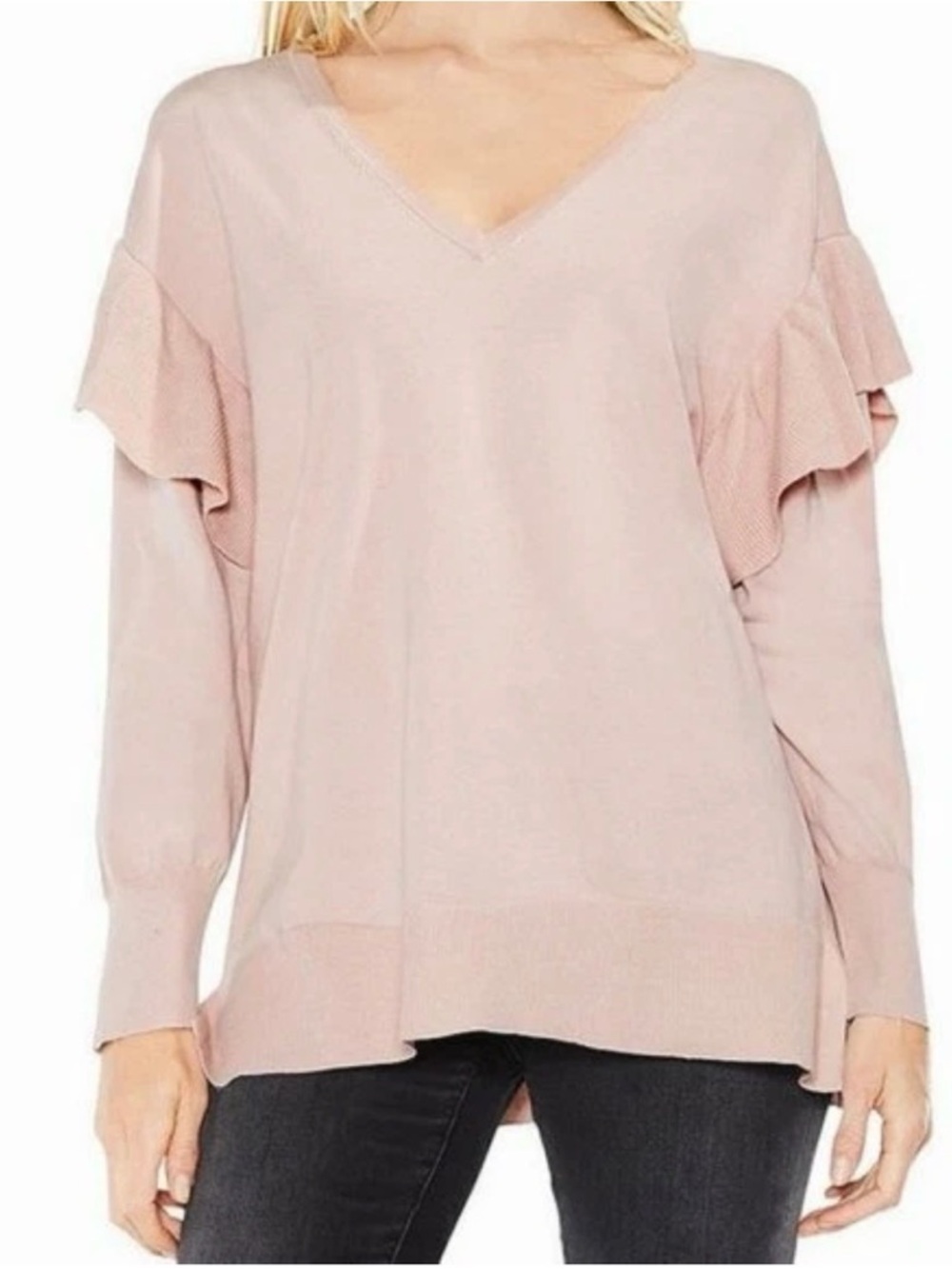 Two by Vince Camuto Ruffle Sleeve V-Neck Sweater Blush Pink NWT Large Oversized